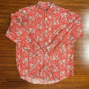 Vintage J Crew Mens Medium Red Paisley Cotton Button Up Oarsman Shirt 80s 90s